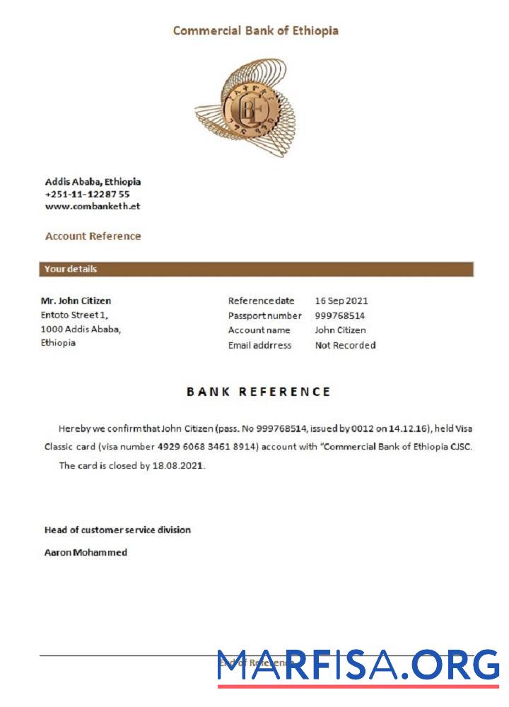 Blank Ethiopia Commercial Bank closure reference download for verification